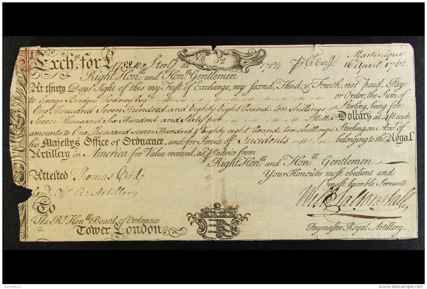 MARTINIQUE 1762 (April) BRITISH OCCUPATION - Bill Of Exchange For &pound;1788.10s Payable To George Bridges Rodney... - Autres & Non Classés