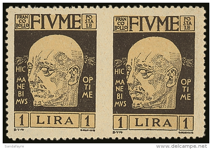 1920 1L Black D'Annunzio Variety "horizontal Pair Imperf Between", Sassone 122q, Very Fine Mint, Fresh &amp;... - Fiume