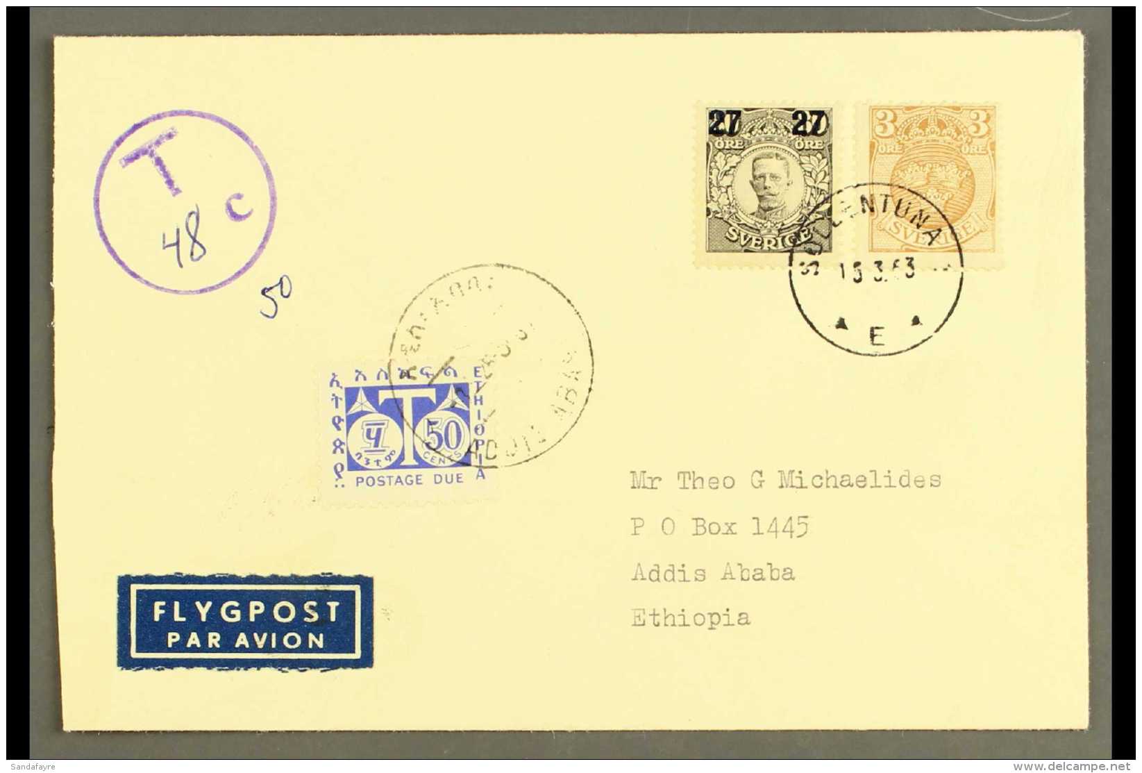 1963 POSTAGE DUE COVER From Sweden Bearing 1918 20 Ore On 80 Ore Plus 3 Ore Brown With 1951 50c Postage Due (SD... - Ethiopia