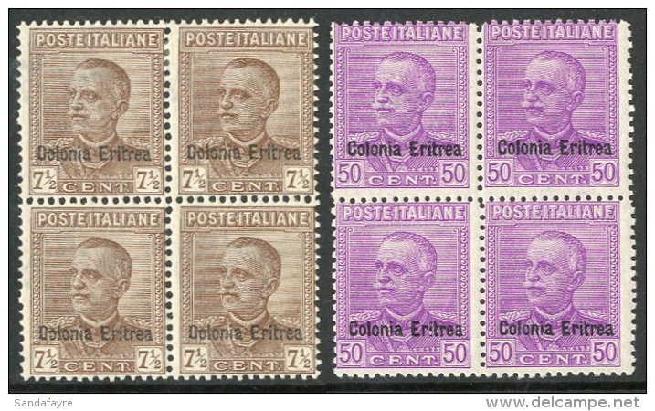 1928 - 9 7&frac12;c Brown And 50c Lilac Ovptd "Colonia Italiana", Sass S33, In Superb Blocks Of 4, 2NH, 2 Og. (8... - Erythrée