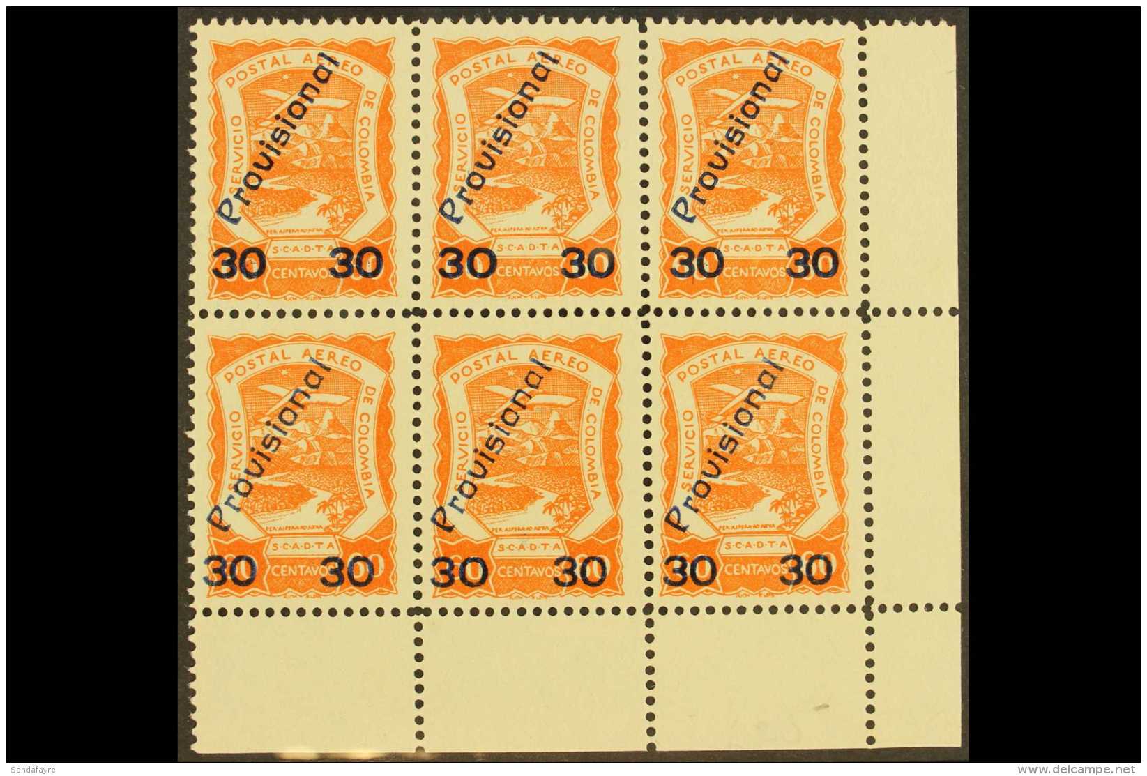 SCADTA 1923 30c On 60c Vermilion Surcharge (Scott C52, SG 53, Michel 42), Very Fine Unused No Gum Lower Right... - Colombie