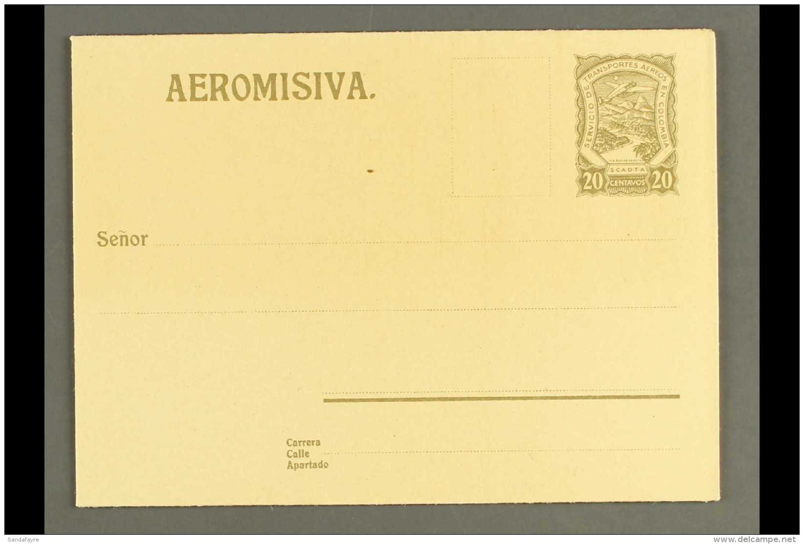 SCADTA 1923 20c Olive- Grey On Dark Buff LETTER SHEET Without Watermark (H&amp;G 1), Very Fine Unused, Scarce! For... - Colombie