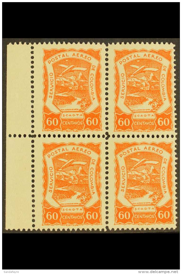 SCADTA 1921-23 60c Vermilion (Scott C31, SG 24, Michel 16), Mint Marginal BLOCK Of 4, Very Fresh. (4 Stamps) For... - Colombia