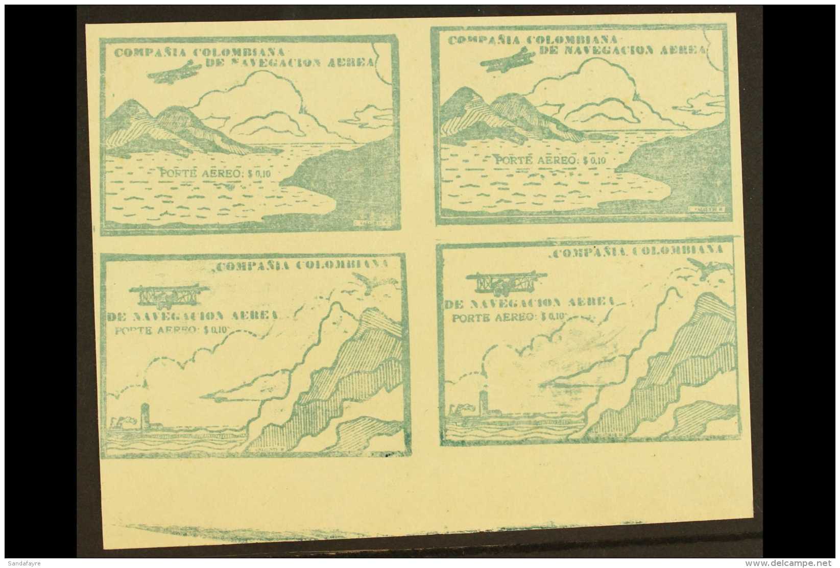 SCADTA 1920 10c Green Top Bottom Marginal Imperf SE-TENANT BLOCK Of 4, Containing Two 'Sea And Mountain' And Two... - Colombia