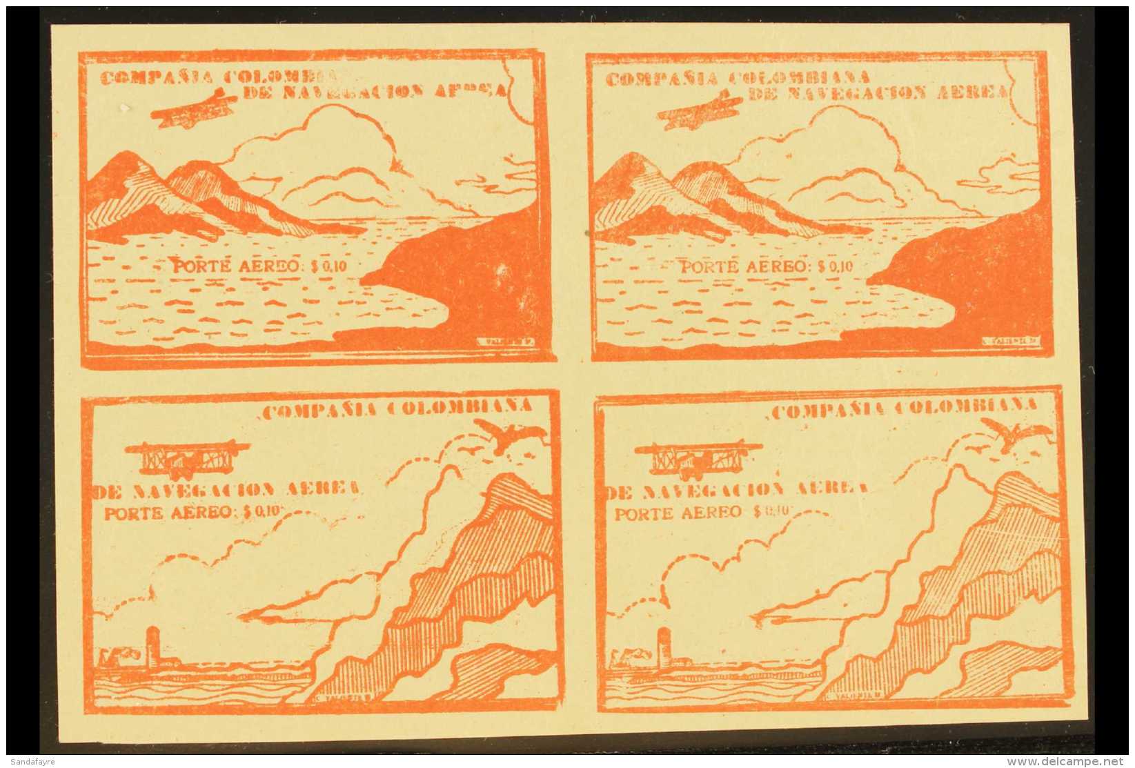 SCADTA 1920 10c Brick-red Imperf SE-TENANT BLOCK Of 4, Containing Two 'Sea And Mountain' And Two 'Cliffs And... - Colombia