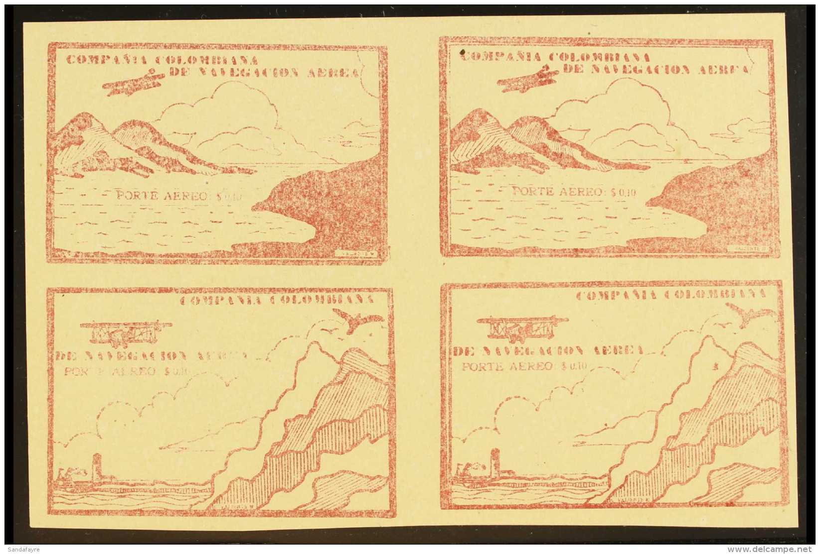 SCADTA 1920 10c Brown-red Imperf SE-TENANT BLOCK Of 4, Containing Two 'Sea And Mountain' And Two 'Cliffs And... - Colombia