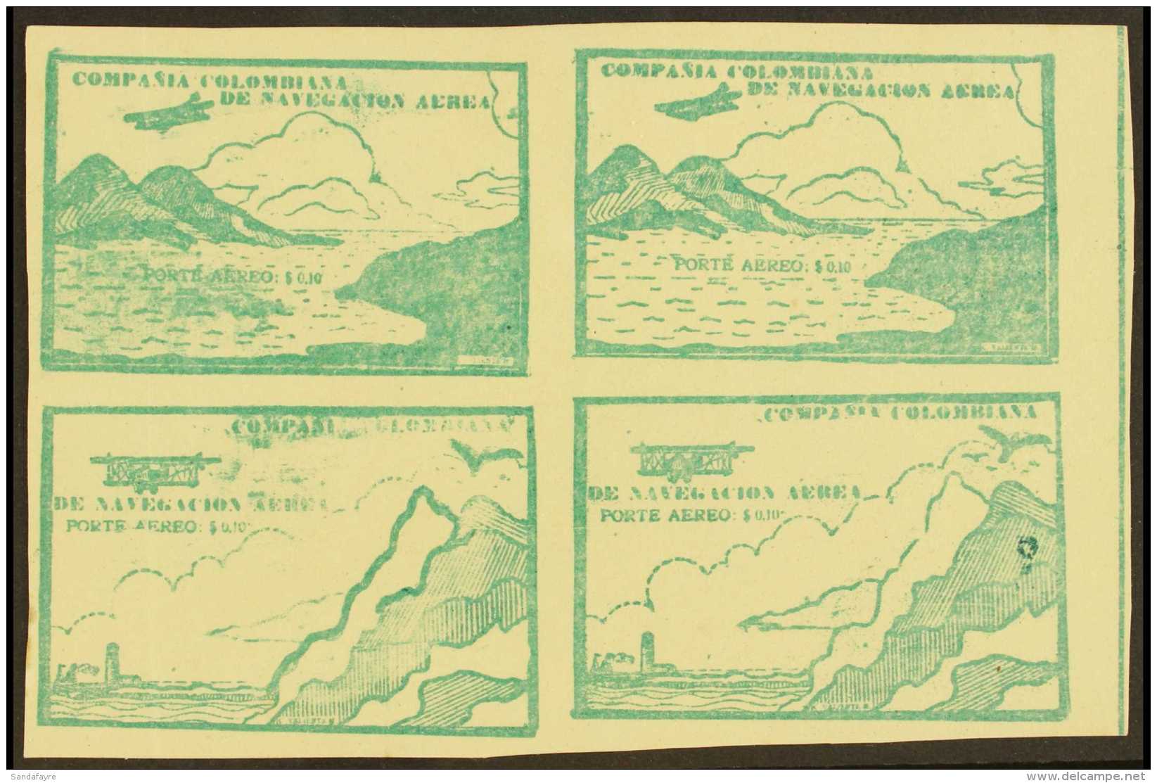 SCADTA 1920 10c Green Marginal Imperf SE-TENANT BLOCK Of 4 (positions 17/18 &amp; 23/24), Containing Two 'Sea And... - Colombie