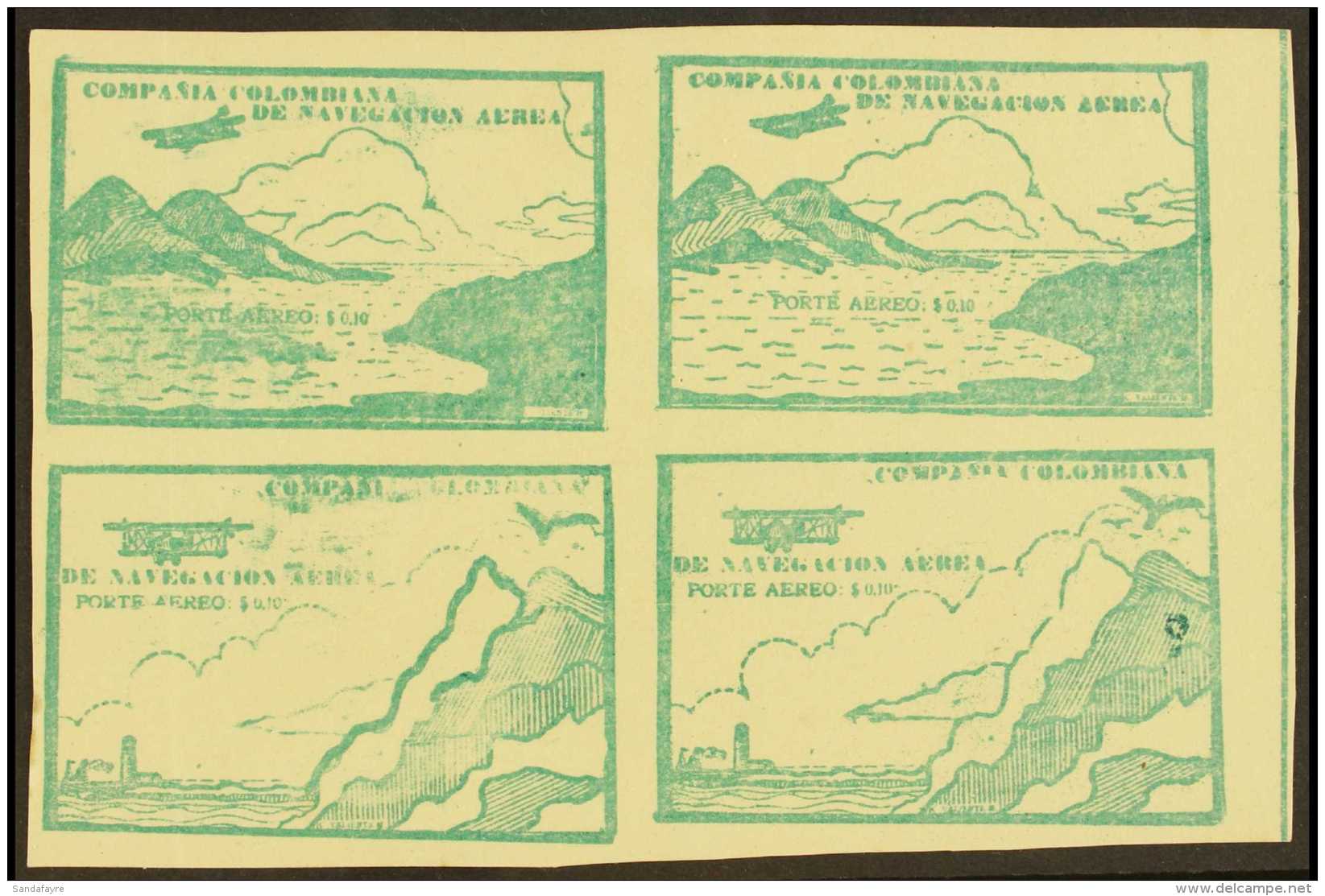 SCADTA 1920 10c Green Marginal Imperf SE-TENANT BLOCK Of 4 (positions 17/18 &amp; 23/24), Containing Two 'Sea And... - Colombia