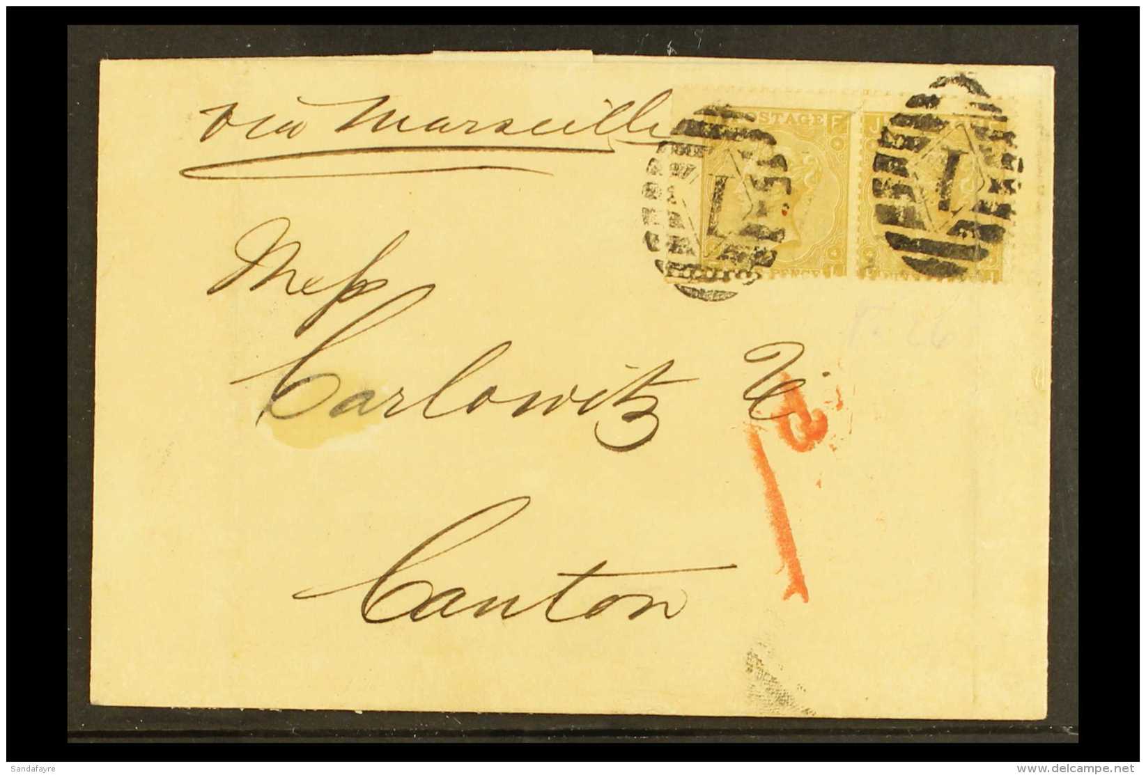 INCOMING MAIL 1866 Cover Addressed To "Carlowitz &amp; Co., Canton," Franked With 9d Straw, Plate 4 Horizontal... - Altri & Non Classificati