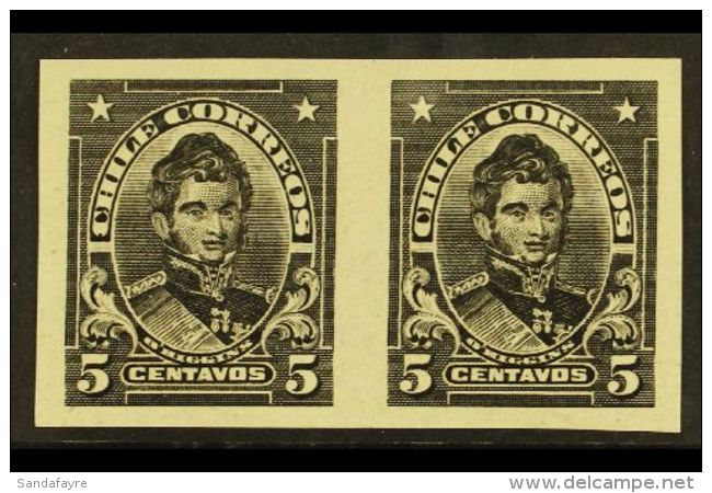 1911 IMPERF PLATE PROOF PAIR 5c O'Higgins Issue (Scott 101, SG 138) Printed In Black On Ungummed Thin Paper. Very... - Cile