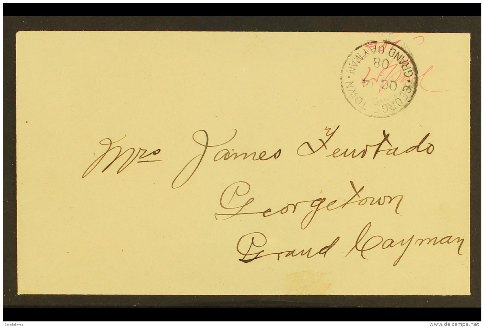 1908 MANUSCRIPT PROVISIONAL COVER. (14 Oct) Stampless Cover Addressed Locally, Bearing "Pd &frac14;d.W.G. McC"... - Iles Caïmans