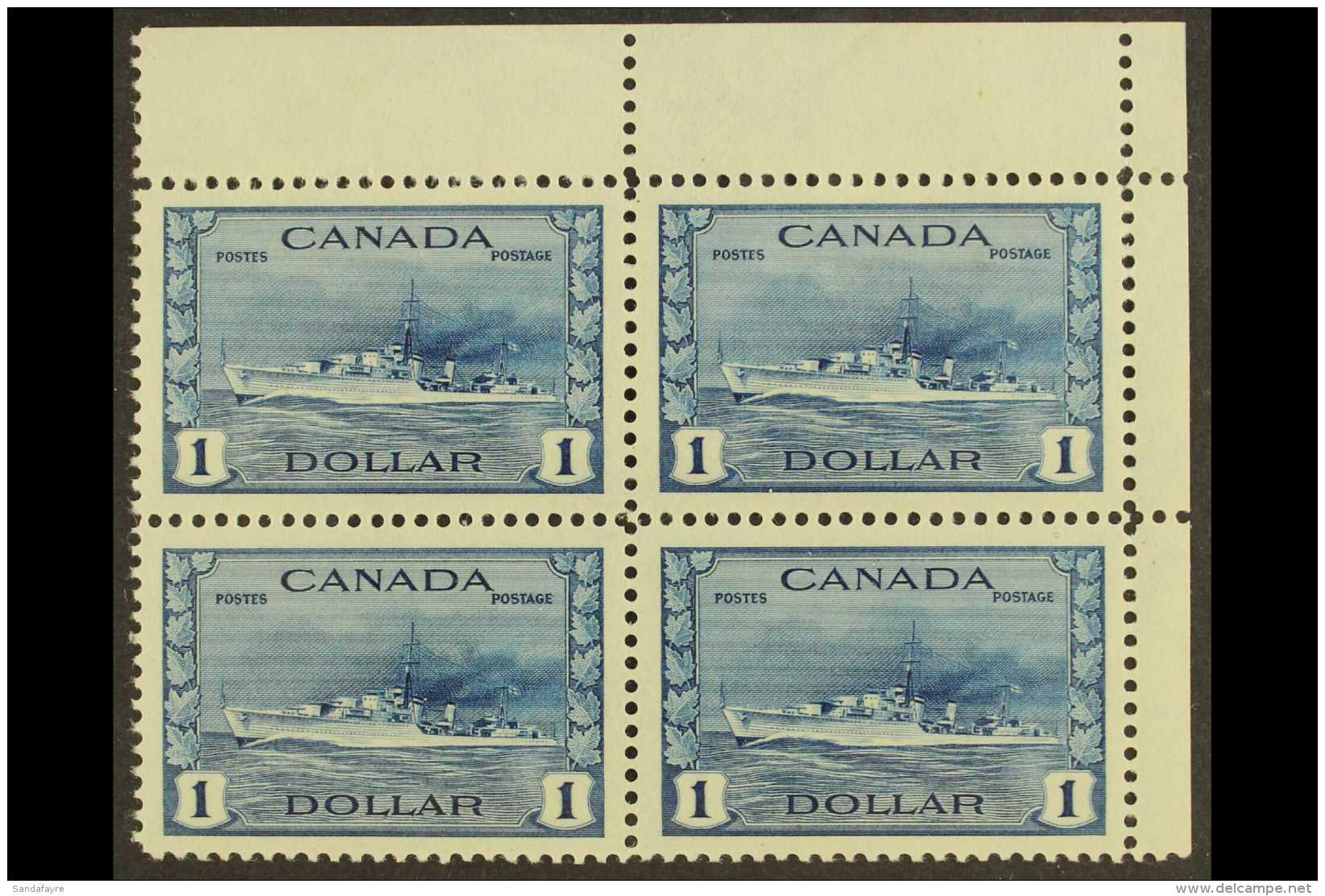 1942-8 $1 Blue, H.M.S. Cossack, Top Right Corner Block Of Four, SG 388, Never Hinged Mint. For More Images, Please... - Autres & Non Classés