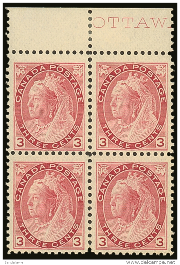 1898 3c Rose-carmine, Queen Victoria "Numeral" Type,  SG 156, (Uni 78)  Upper Marginal Block Of Four, Very Fine... - Altri & Non Classificati