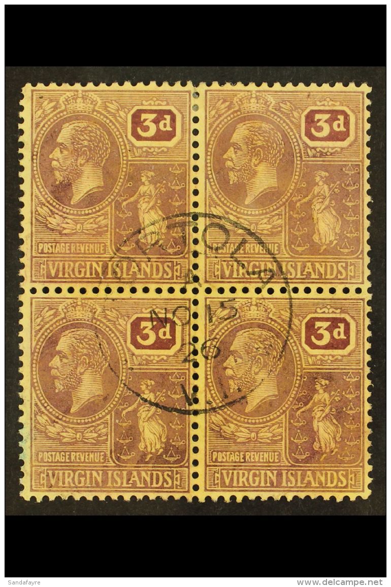 1922 3d Purple/pale Yellow, SG 82, Attractive Block Of 4 Bearing A Neat Central "Tortola" (Road Town Island) Cds.... - British Virgin Islands
