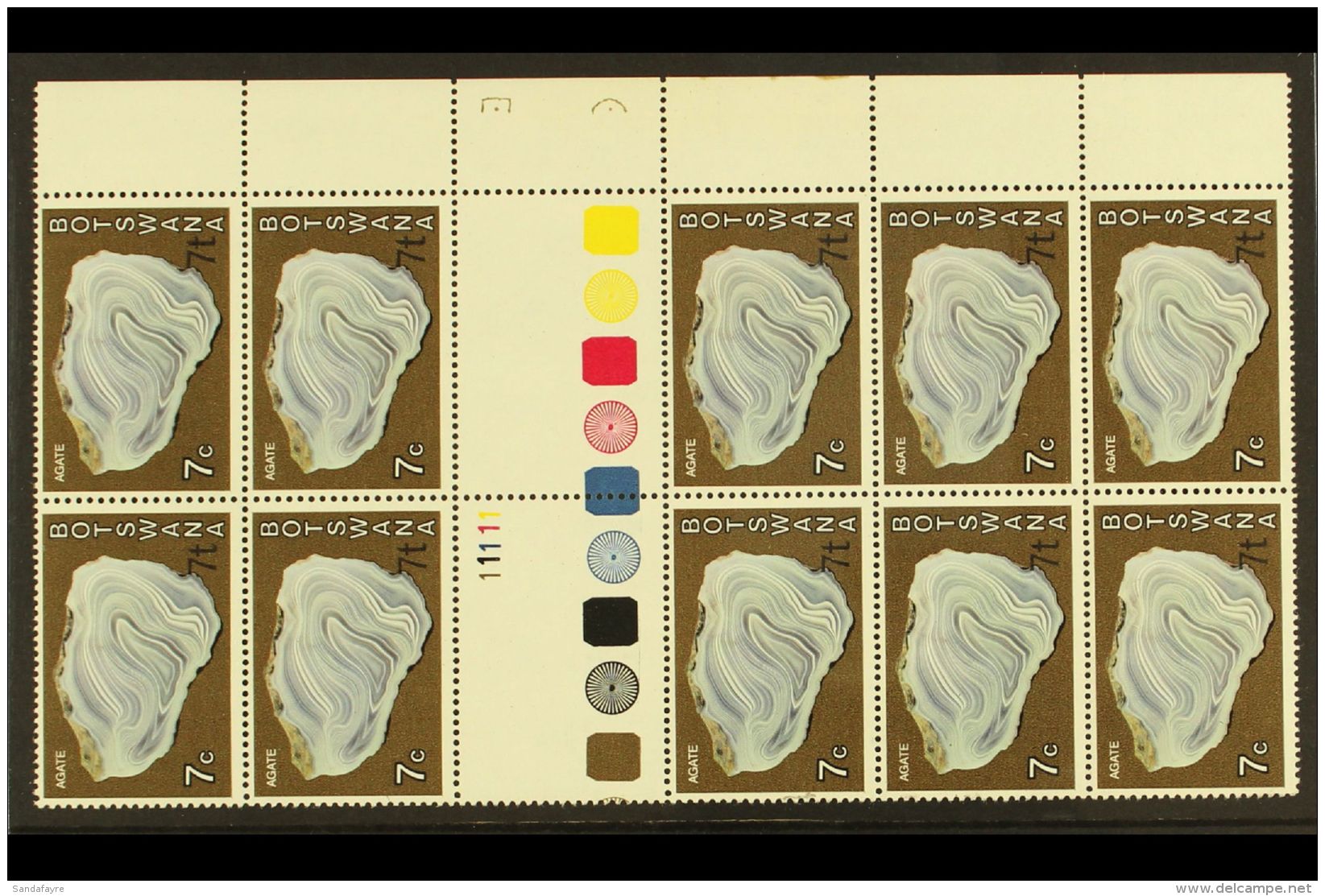 1976-7 7t On 7c Agate, Surcharge At Bottom Right, SG 372a, Never Hinged Mint, Right Marginal GUTTER BLOCK OF 10... - Botswana (1966-...)