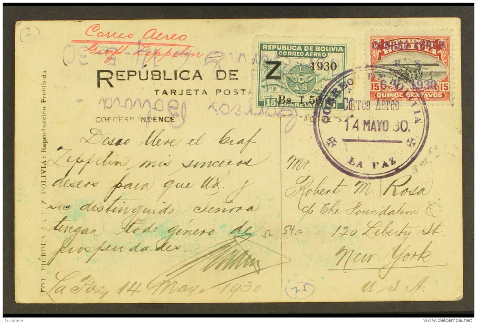 1935 GRAF ZEPPELIN FLIGHT. (14 May) Picture Postcard Addressed To New York, Bearing 1930 15c Air Overprint (Scott... - Bolivia