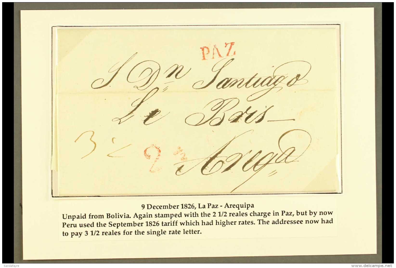 1826 (DEC) ENTIRE LETTER TO PERU 1826 (9 Dec) EL From La Paz To Arequipa Showing Colonial Single Rate Postage Of... - Bolivie