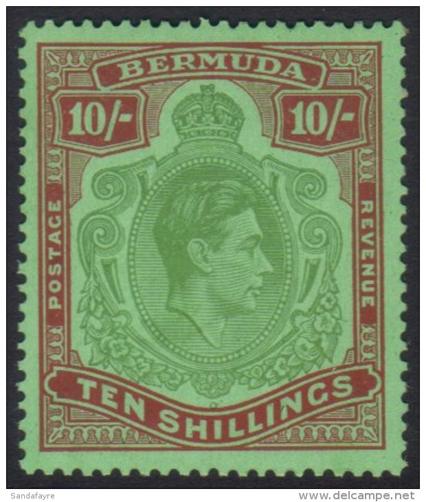 1939 10s Bluish Green And Deep Red On Green, Geo VI, SG 119a, Superb NHM. For More Images, Please Visit... - Bermuda