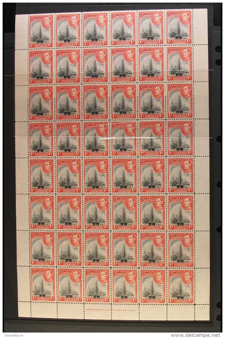 1938-52 COMPLETE SHEET OF 60 STAMPS 1d Black &amp; Red, SG 100, Complete Sheet Of 60 Stamps With Selvedge To All... - Bermudes
