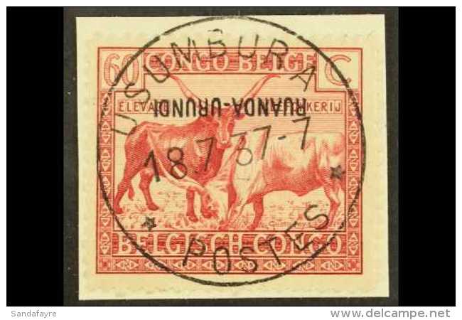 RUANDA URUNDI 1925 60c Lake Native Cattle With OVERPRINT INVERTED, Very Fine Used Tied To Neat Piece. For More... - Autres & Non Classés