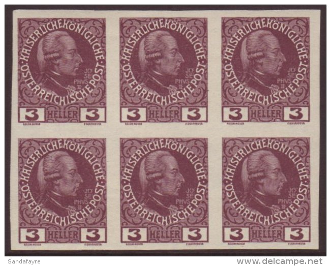 1908-13 3h Purple Unsurfaced Paper Accession Imperf, Michel 141x U, Superb Never Hinged Mint IMPERF BLOCK Of 6,... - Autres & Non Classés