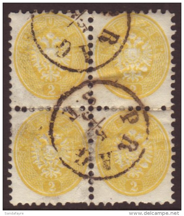 1863-64 2kr Yellow Perf 9&frac12;, Michel 30, SG 45, Finely Used BLOCK Of 4 Stamps With "Prag" Cds's, Minor... - Autres & Non Classés