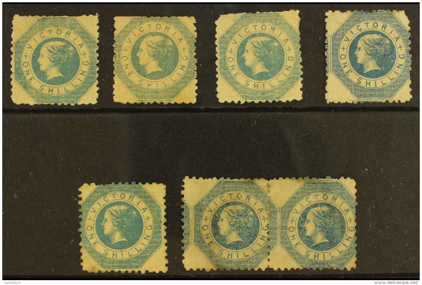 VICTORIA 1859 1s Blues, A Rare Group Of 7 Unused With &amp; Without Gum Examples, Originally From The Famed Purves... - Altri & Non Classificati