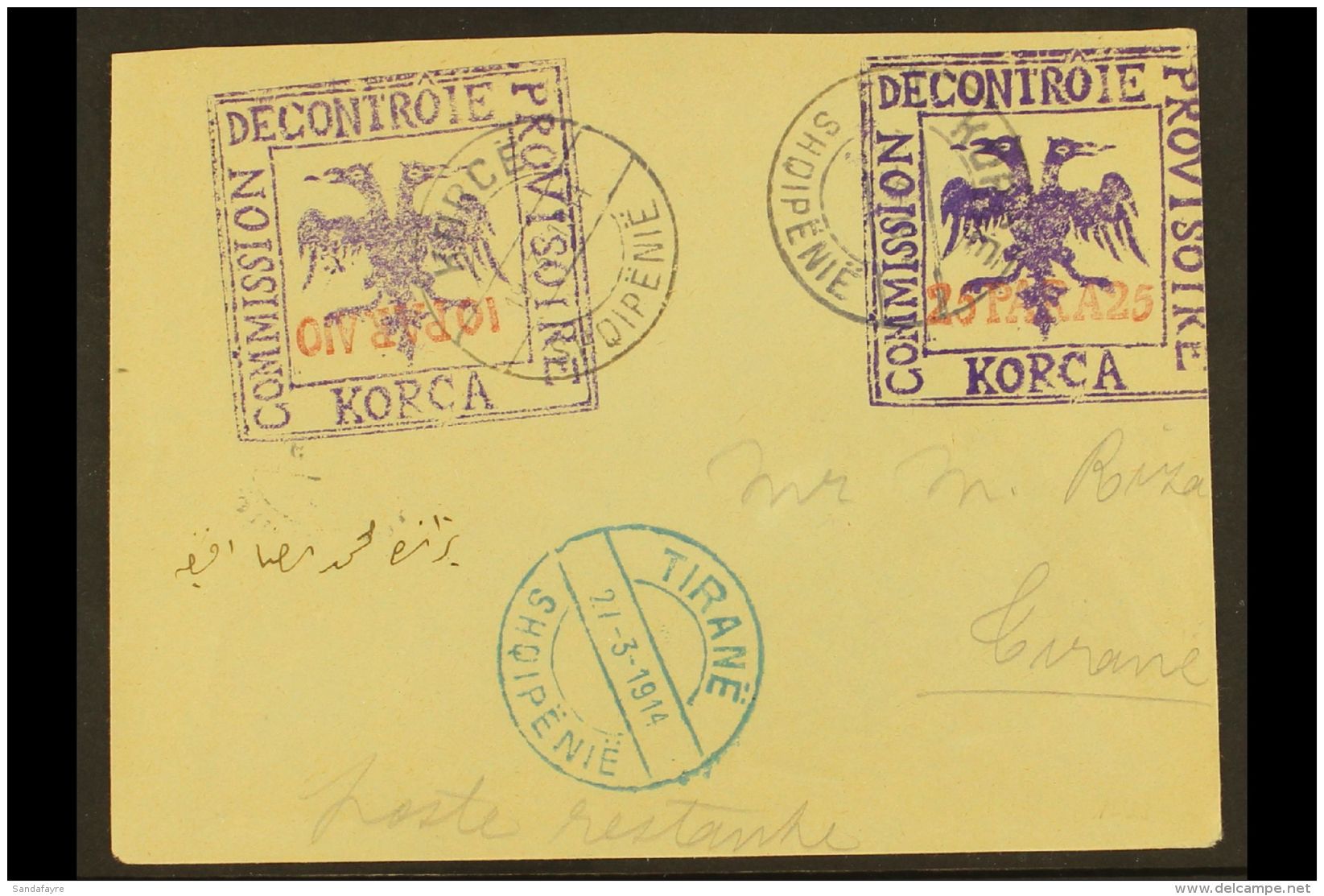 KORCE (KORITZA) LOCAL MILITARY POST. 1914 (19 March) Cover Addressed To Tirane, Bearing 10pa Violet &amp; Red... - Albanie