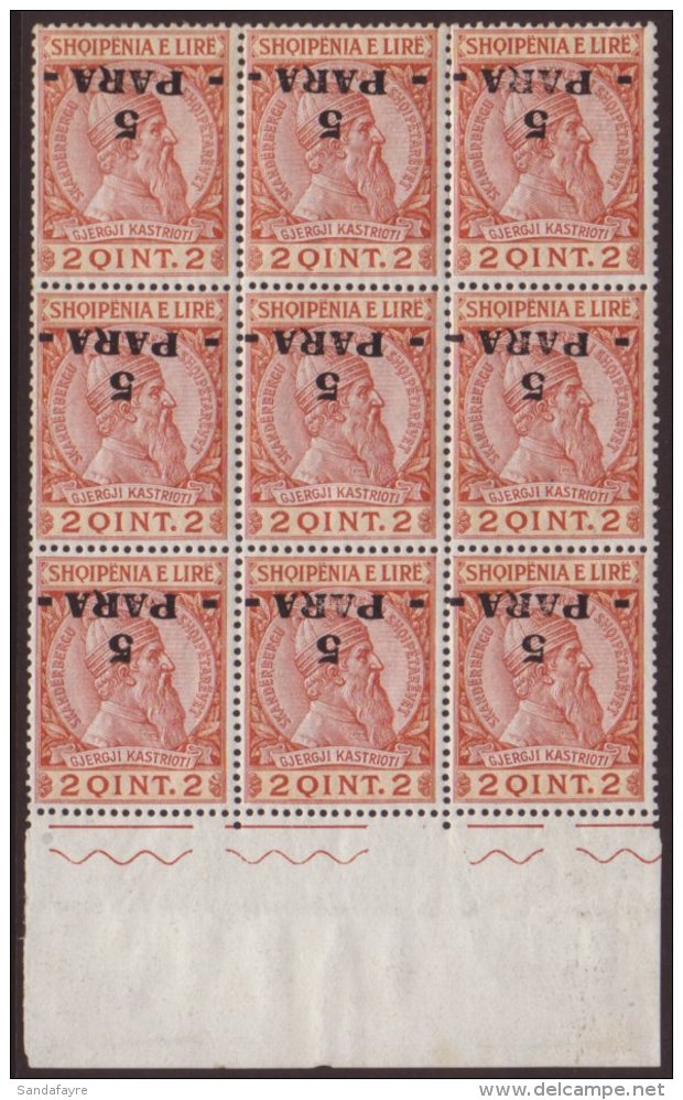 1914 (April) Skanderbeg 5pa On 2q Mi. 41, A Rare Lower Marginal Block Of Nine With INVERTED SURCHARGES, Very Fine... - Albania