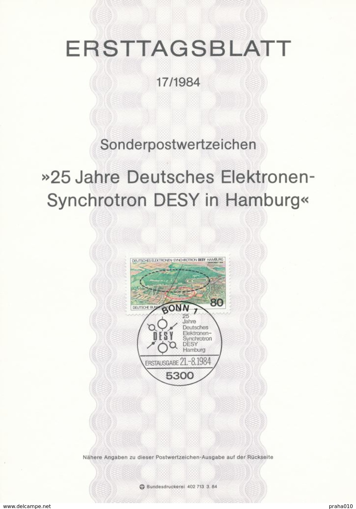 BRD / First Day Sheet (1984/17) 5300 Bonn 1: The Deutsches Elektronen-Synchrotron (DESY = German Electron Synchrotron) - Autres & Non Classés