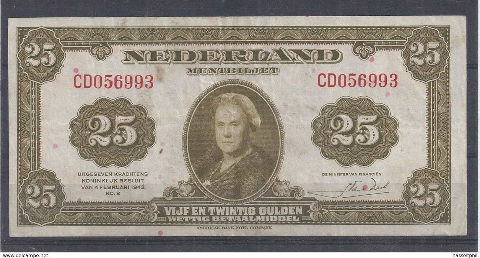 Nederland Muntbiljet  25 Gulden -  4 Februari 1943  Zeer Fraaie Staat - 25 Gulden