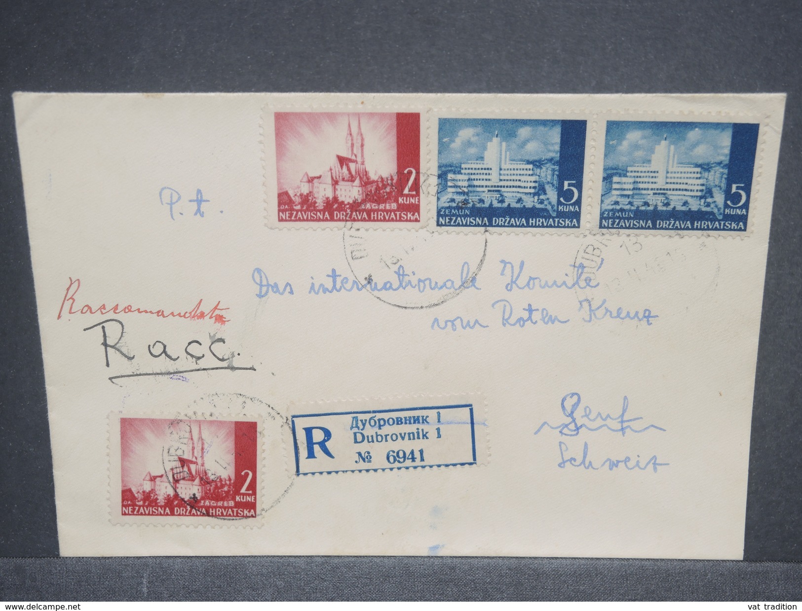 CROATIE - Enveloppe En Recommandé De Dubrovnik Pour La Croix Rouge En Suisse En 1943 Avec Contrôle Postal - L 7458 - Croatia