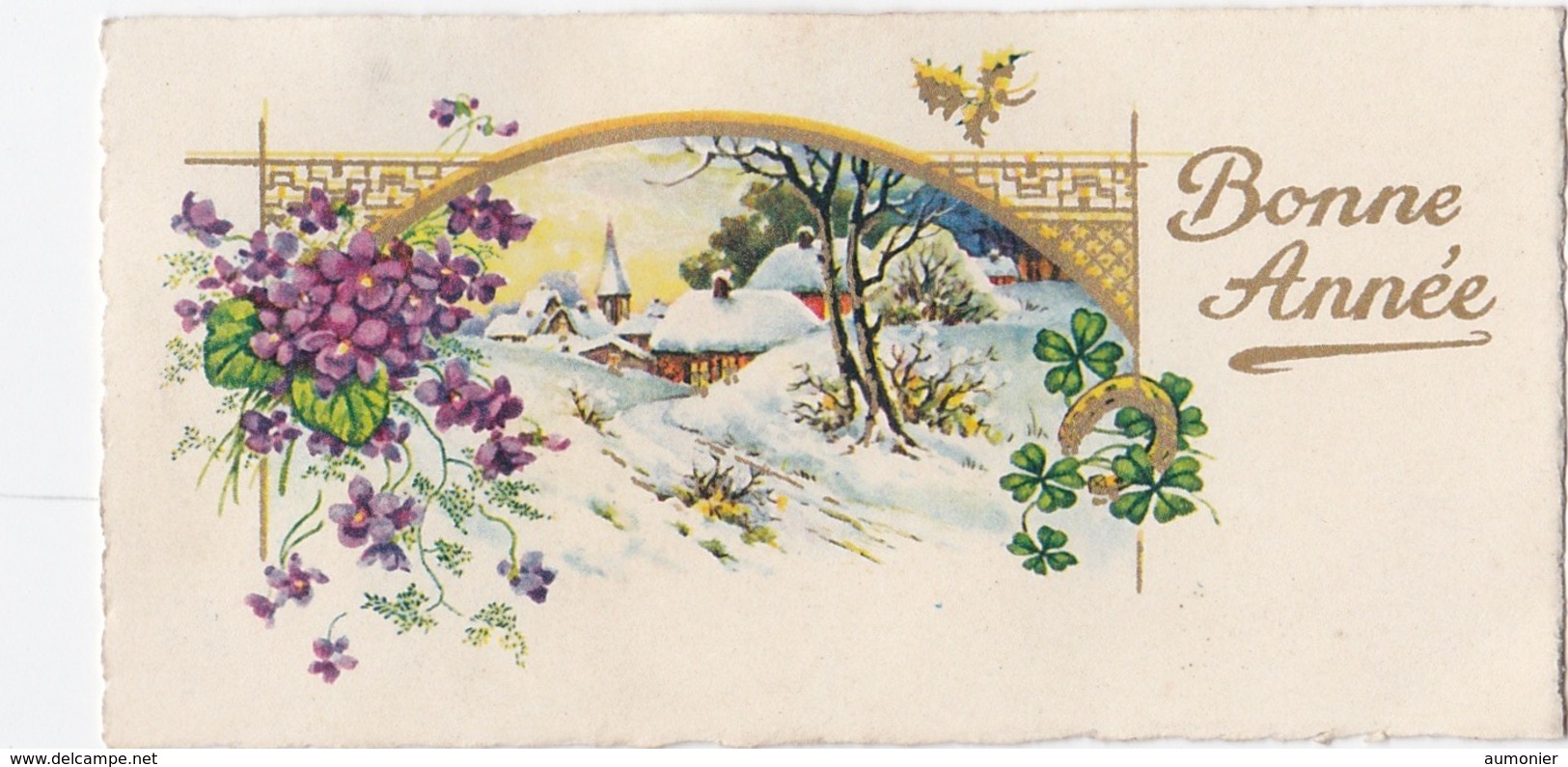 CARTE BONNE ANNEE - Paysage De Neige , Fleur , Trefle Et Fer A Cheval . - New Year