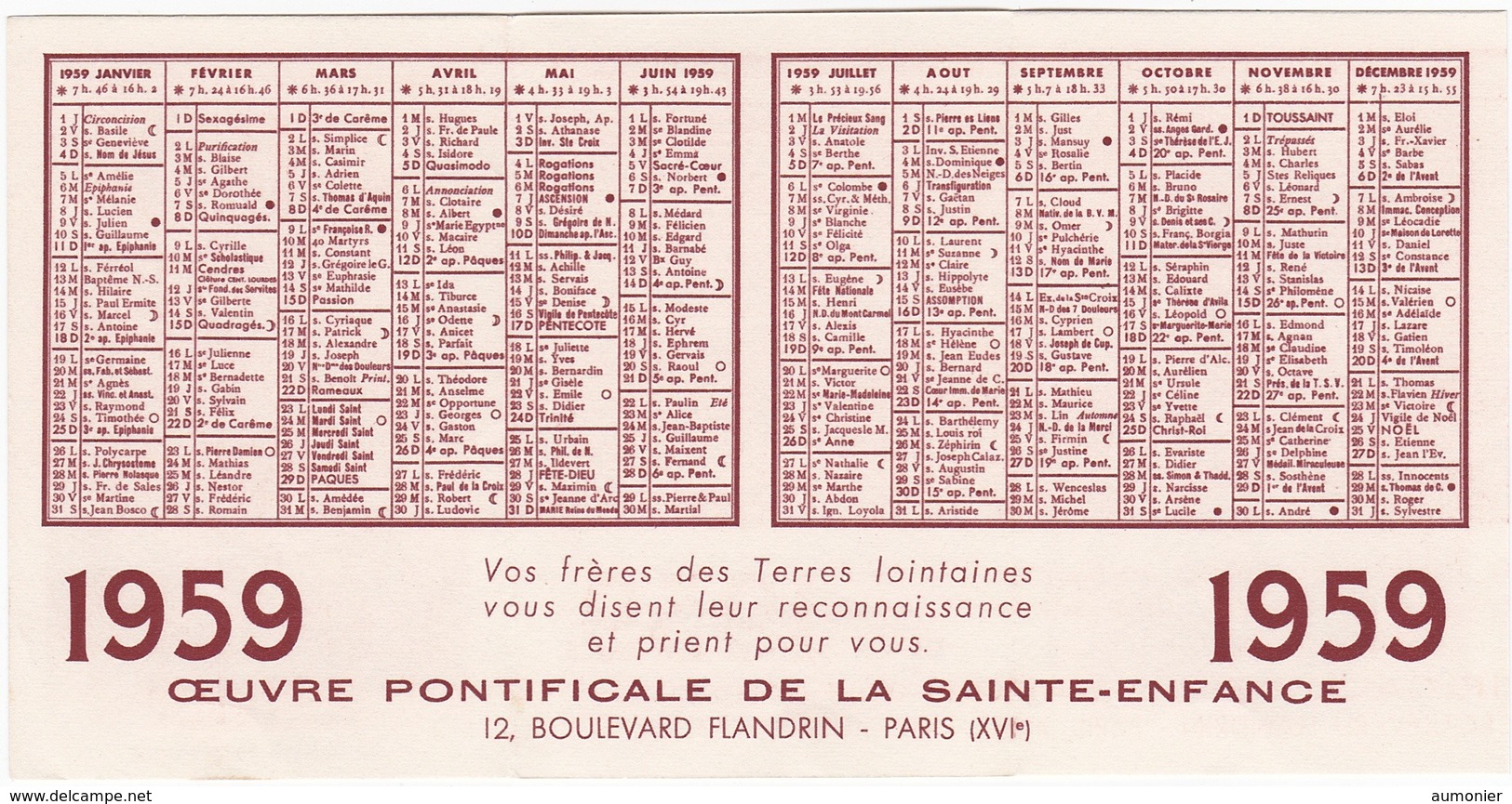 Calendrier Publicitaire Des &OElig;uvres Pontificale De La Sainte Enfance Paris . ( 1959 ) - Petit Format : 1941-60