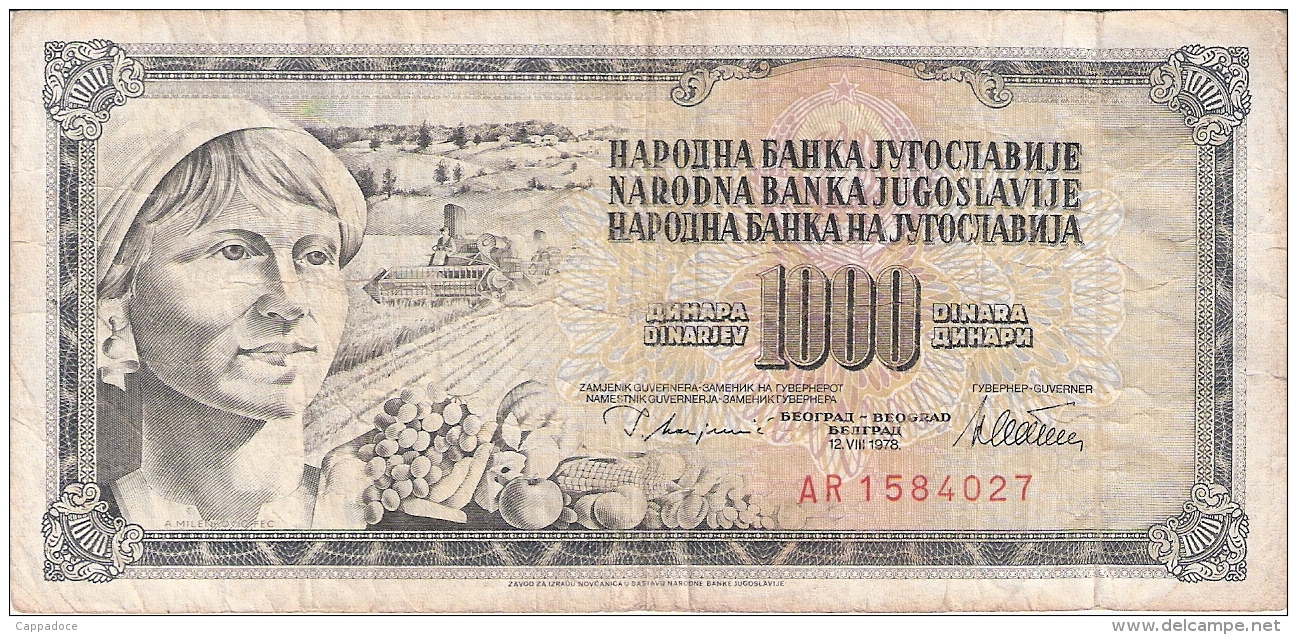 YOUGOSLAVIE   1000 Dinara   12/8/1978   P. 92c - Jugoslavia