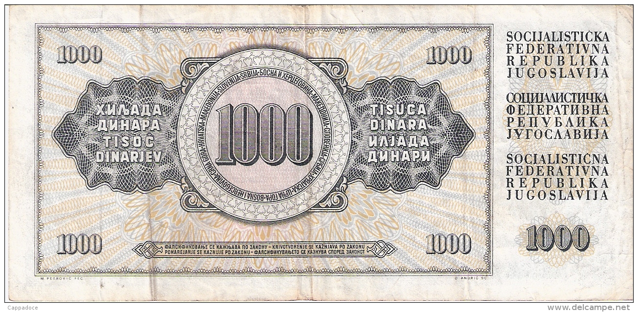 YOUGOSLAVIE   1000 Dinara   4/11/1981   P. 92d - Yugoslavia