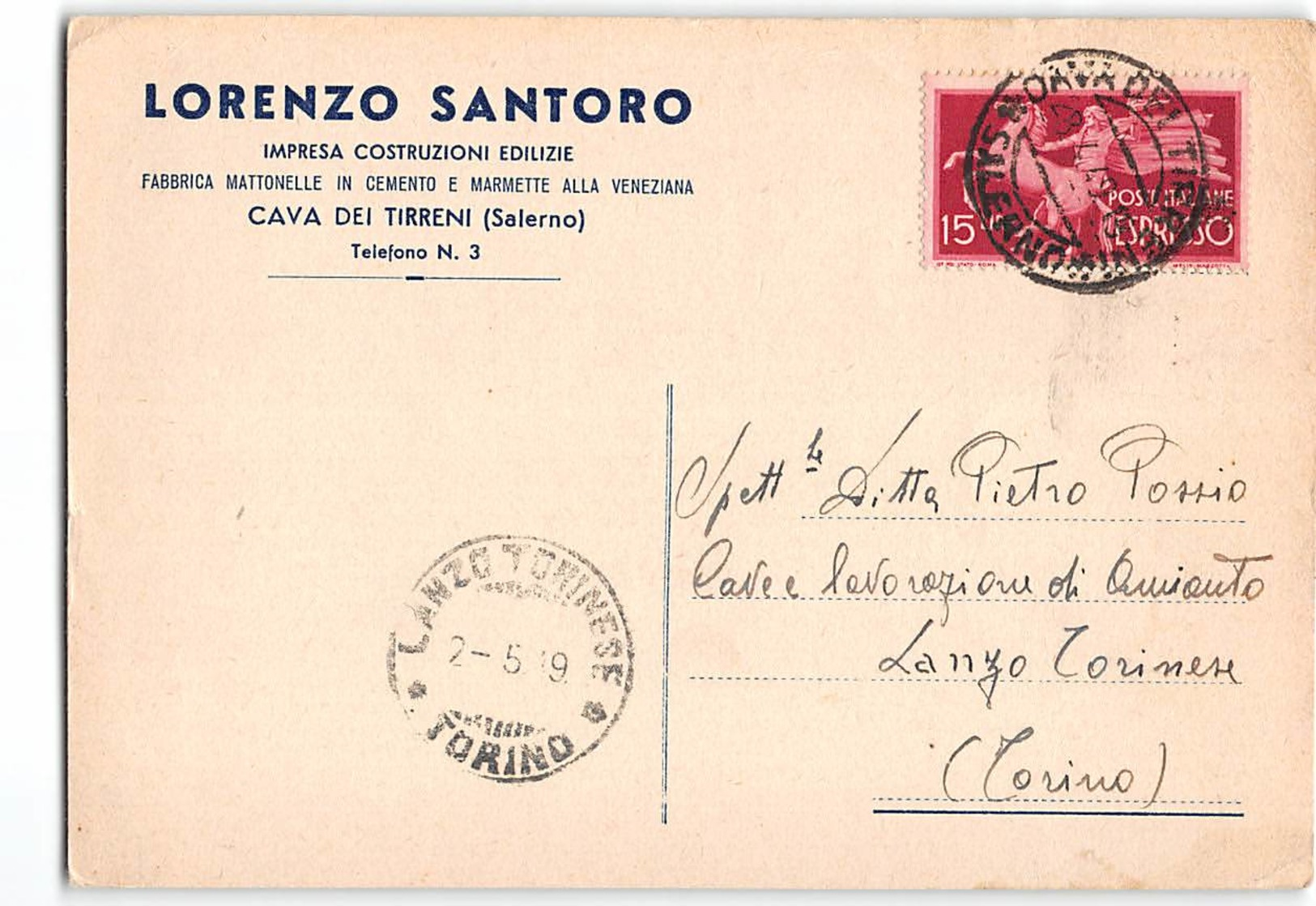 15161 03 SANTORO COSTRUZIONI EDILIZIE CAVA DEI TIRRENI SALERNO X LANZO TORINESE - 1946-60: Storia Postale