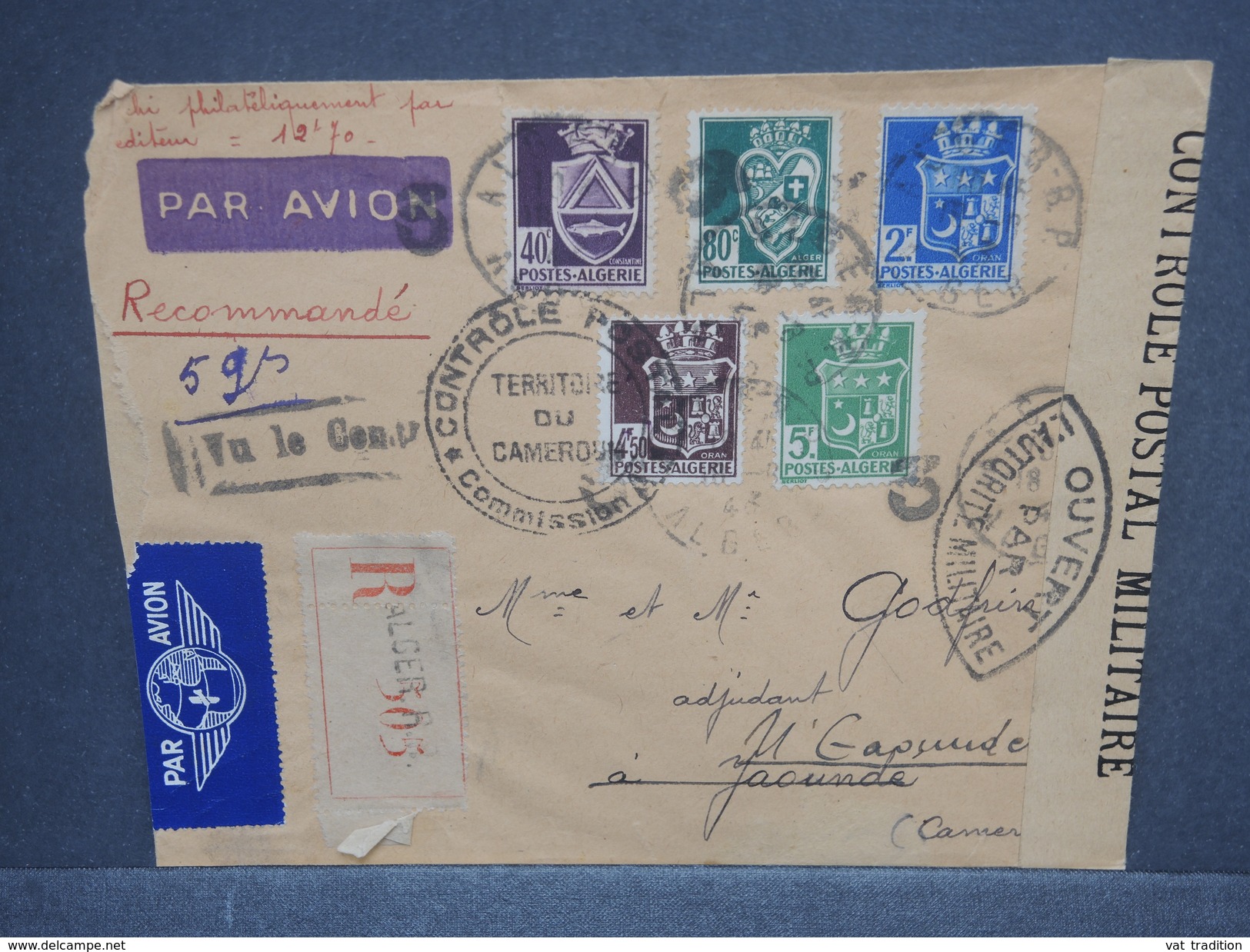 FRANCE / ALGÉRIE  - Enveloppe En Recommandé De Alger En 1943 Pour Yaoundé Avec Contrôles Postaux - L 7482 - Lettres & Documents