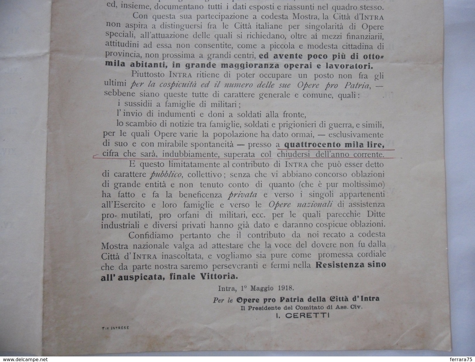 WW1 CITTà D'INTRA COMITATO DI ASSISTENZA CIVILE OPERE PRO PATRIA DEDICA E AUTOGRAFO I.CERETTI. - Formato Piccolo : 1921-40