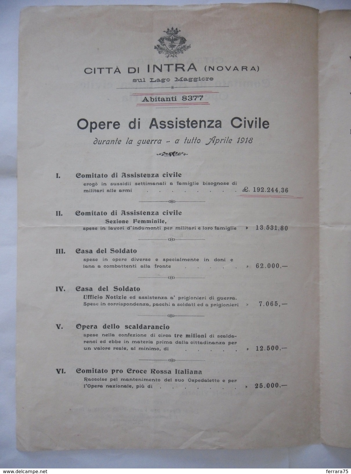 WW1 CITTà D'INTRA COMITATO DI ASSISTENZA CIVILE OPERE PRO PATRIA DEDICA E AUTOGRAFO I.CERETTI. - Formato Piccolo : 1921-40