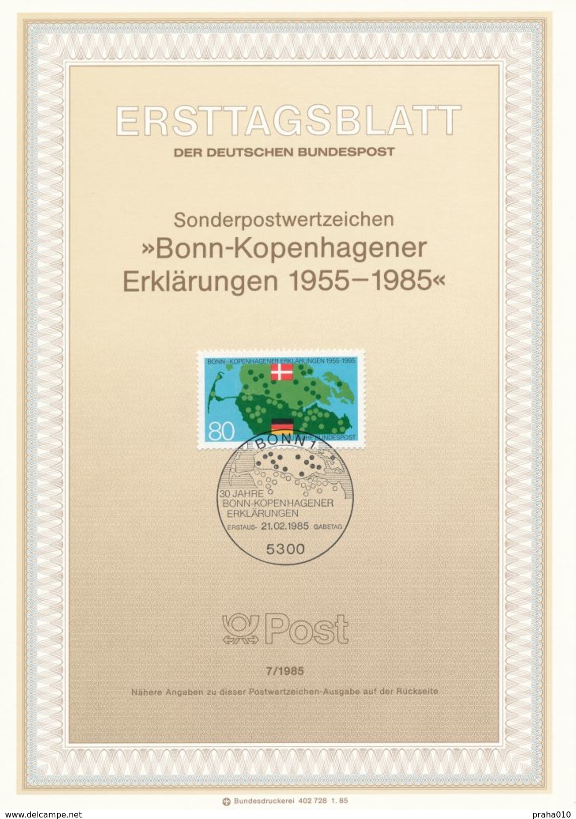 BRD / First Day Sheet (1985/07) 5300 Bonn 1: Bonn-Copenhagen Declarations 1955-1985 (painter: Ernst Jünger) - Geographie