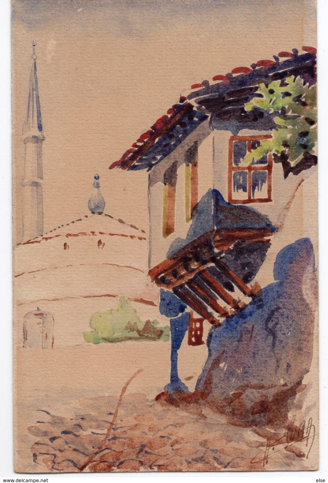 MAISON A COLOMBAGE   AQUARELLE  REALISEE DIRECTEMENT SUR CARTE POSTALE ANCIENNE  SIGNEE - Aquarel