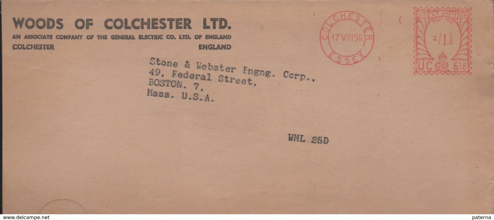 3126         Carta  Inglaterra  Colchester  Essex  1956 Franqueo Mecanico - Cartas & Documentos