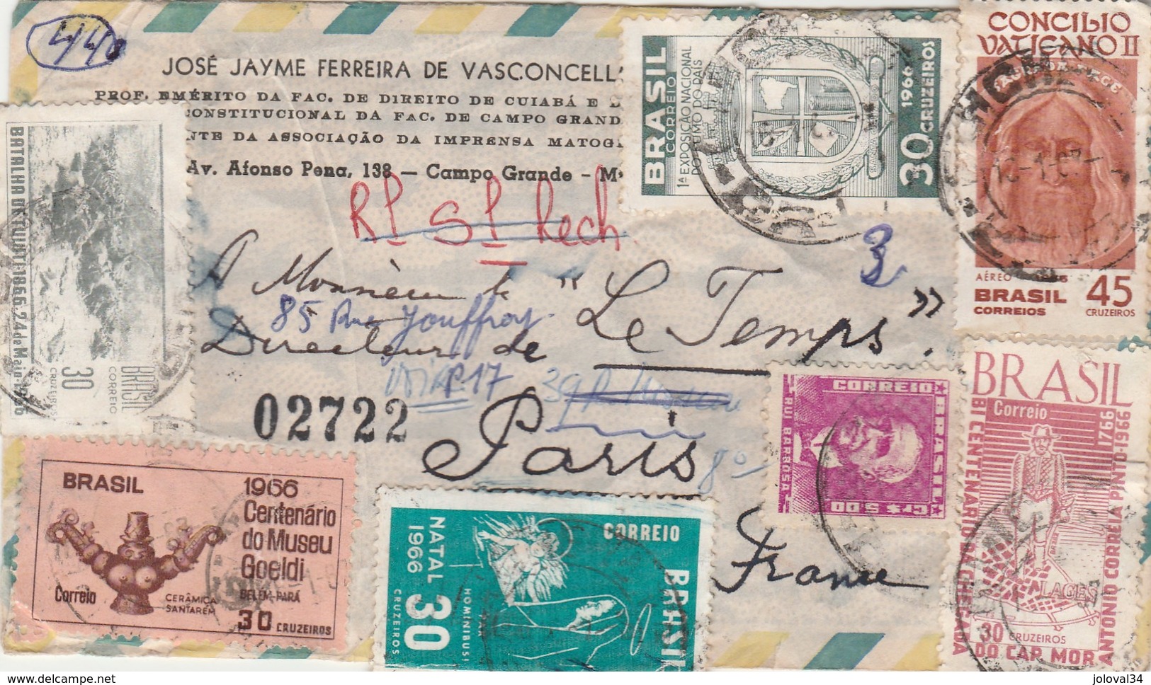 Brésil Lettre Recommandée Avion 1967  Pour Paris France - Timbres Et Cachets Au Verso - Lettres & Documents