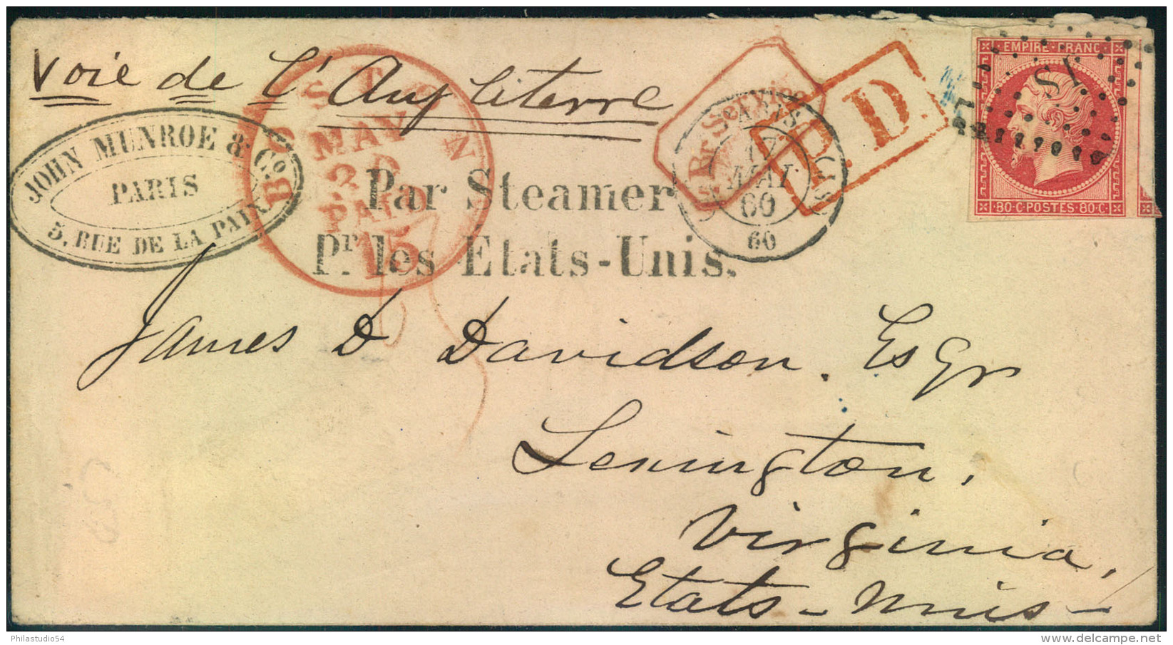 1860, 80 C. Imperf. Napoleon On Transatlantic Letter ""Par Steamer Pr. Les Etats-Unis"" With Boxed ""Fr. Service"" And " - 1853-1860 Napoléon III