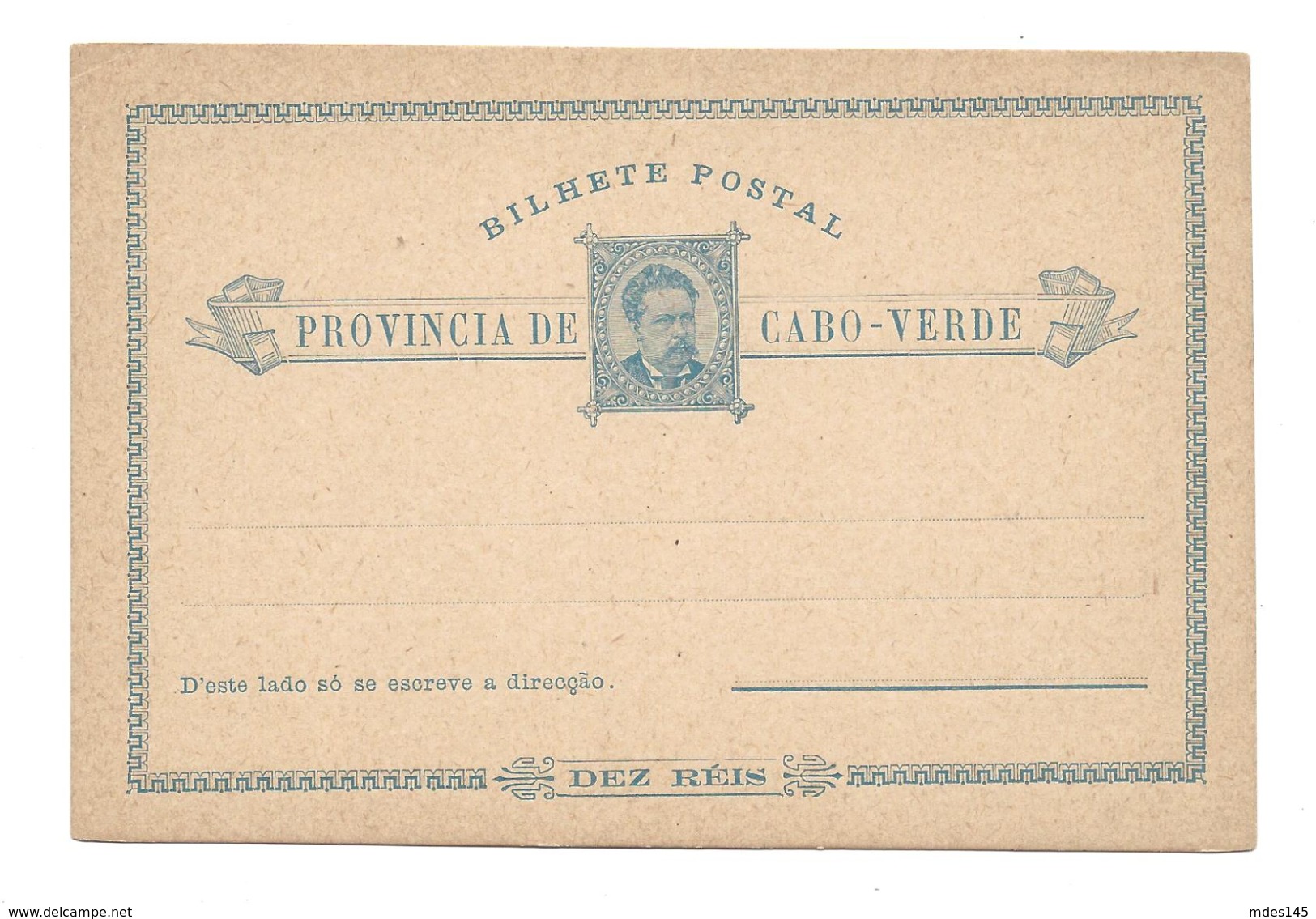 Portugese Colony Cape Verde Postal Stationery Card HG 1 10 Reis 1885 Unused - Postal Stationery