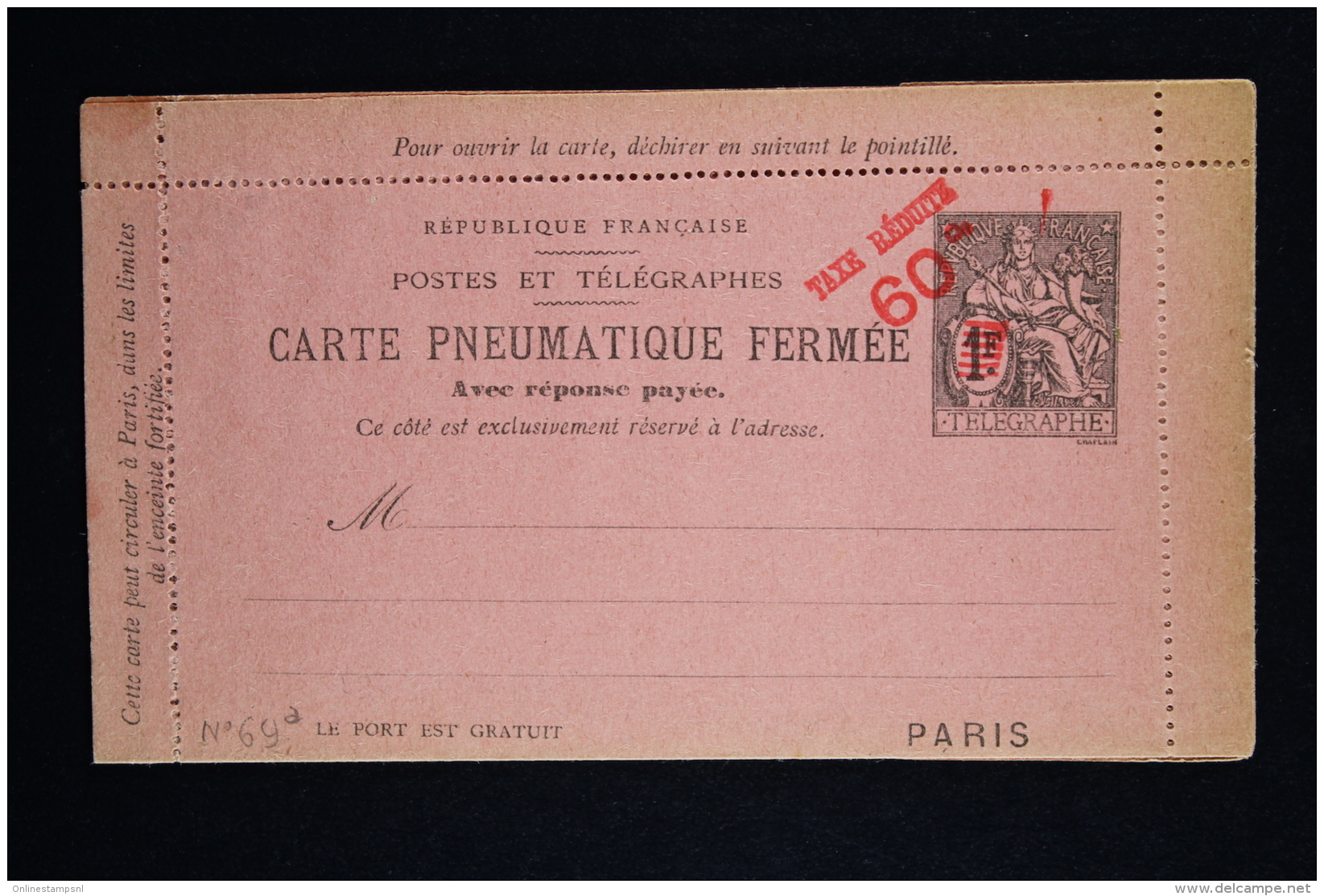 France Carte Lettre Pneu 1899 Type L21a Avec Filigrane  RRR - Pneumatische Post