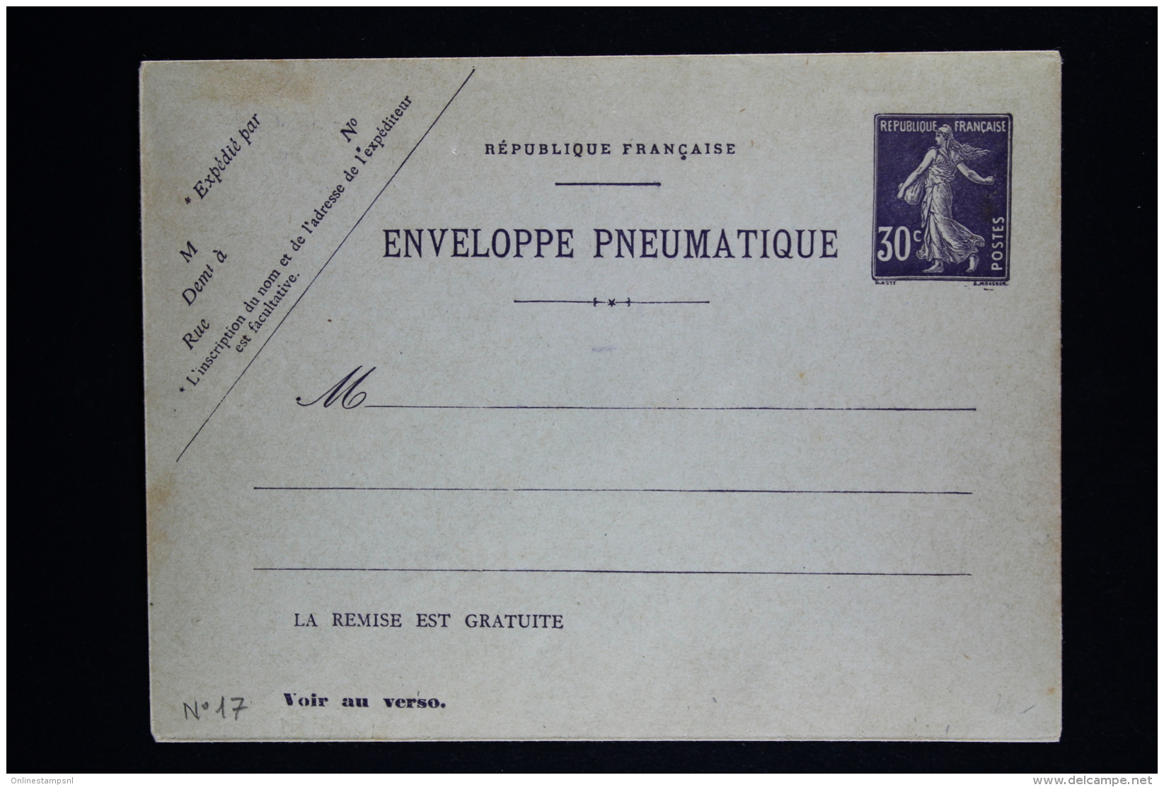 France  Enveloppe Pneu Sameuse  30 C. Type K15    1907 - Pneumatic Post