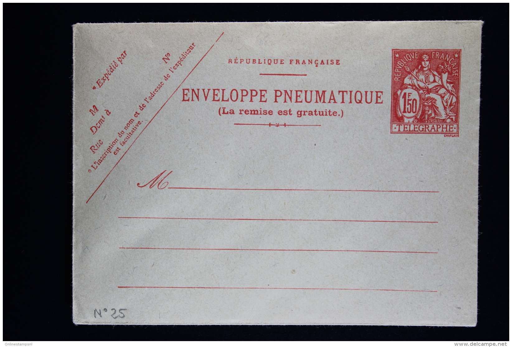 France  Enveloppe Pneu Chaplain  1,50 Fr . Type  O6 - Pneumatic Post
