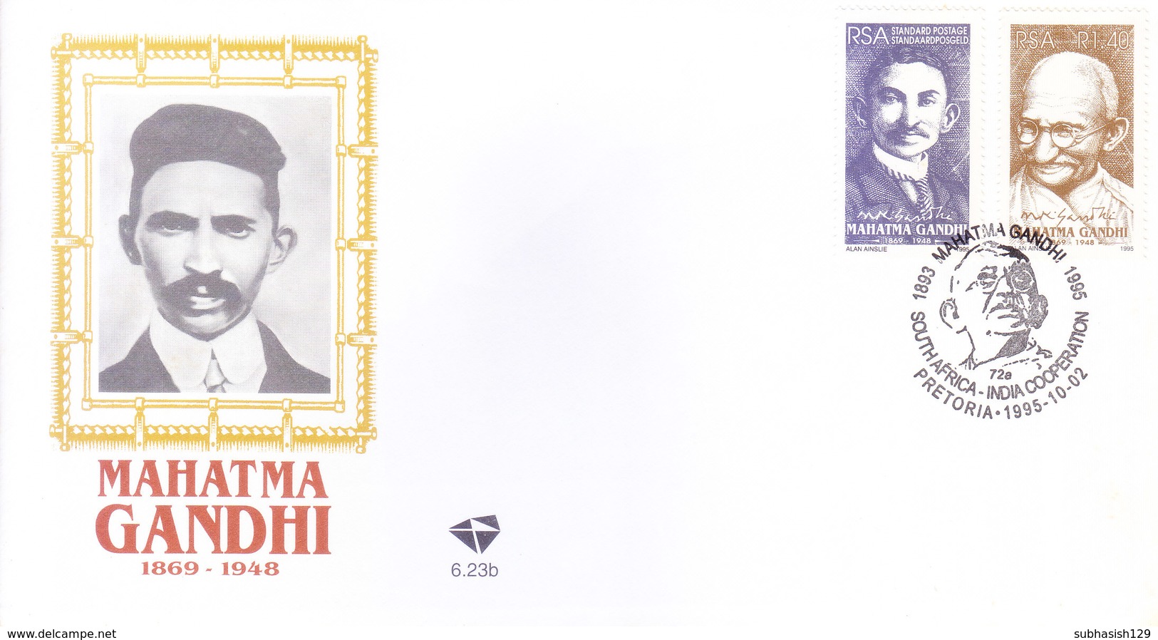 SOUTH AFRICA FIRST DAY COVER 02-10-1995- SOUTH AFRICA INDIA COOPERATION, 2v SET OF MAHATMA GANDHI STAMPS - Covers & Documents